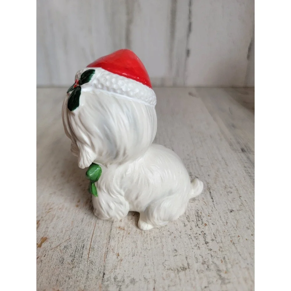 Lefton vintage white Maltese dog puppy Xmas mistletoe Santa hat figure